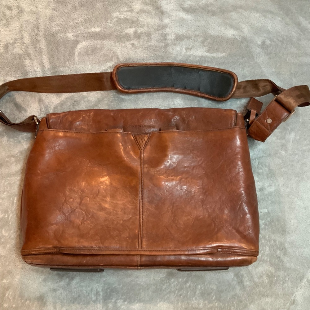 Johnston & Murphy Mens Brown Leather Messenger Bag Laptop Satchel Briefcase - Picture 4 of 11